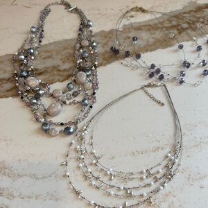 Multi-Strand Silver & Pink Bead Necklace - Elegant Women’s Jewelry 3 pieces